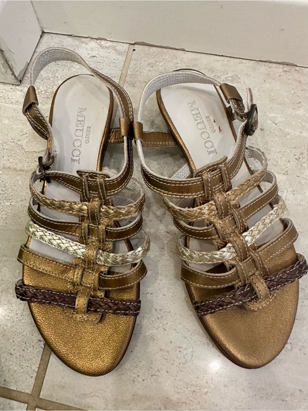 Sesto Meucci Metallic Gold and Brown Braided Strappy Sandals